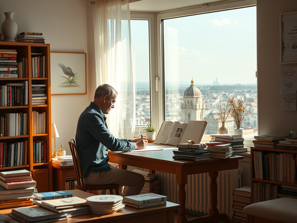 Человек сидит за столом, пишет, окружённый книгами и с видом на город через большое окно.