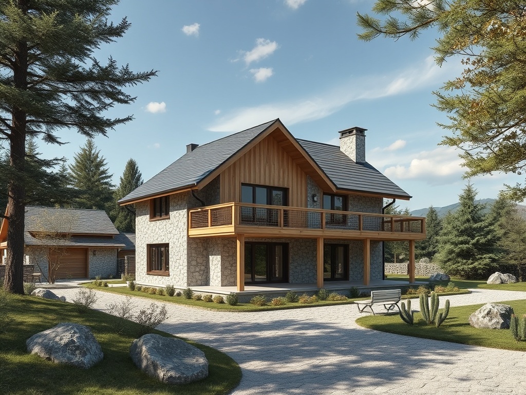 Современный дом из камня и дерева на фоне деревьев и зеленых лужаек, с террасой и пейзажем.