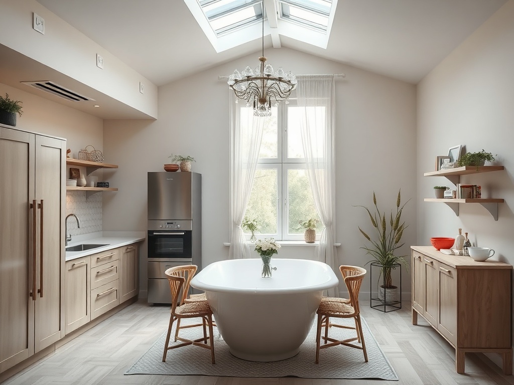 Современная кухня с большими окнами, белой ванной, деревянной мебелью и стильной люстрой.
