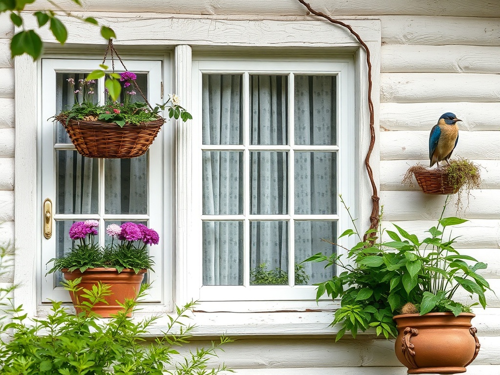 Окно с белыми рамами, цветами в горшках и птичкой на подоконнике. Изящный вид на природу.