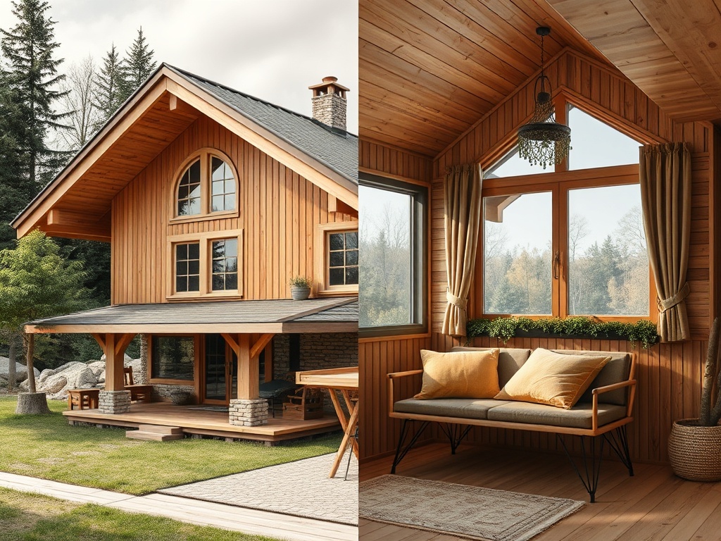 Деревянный дом с террасой снаружи и уютная комната с окнами и мягким диваном внутри.