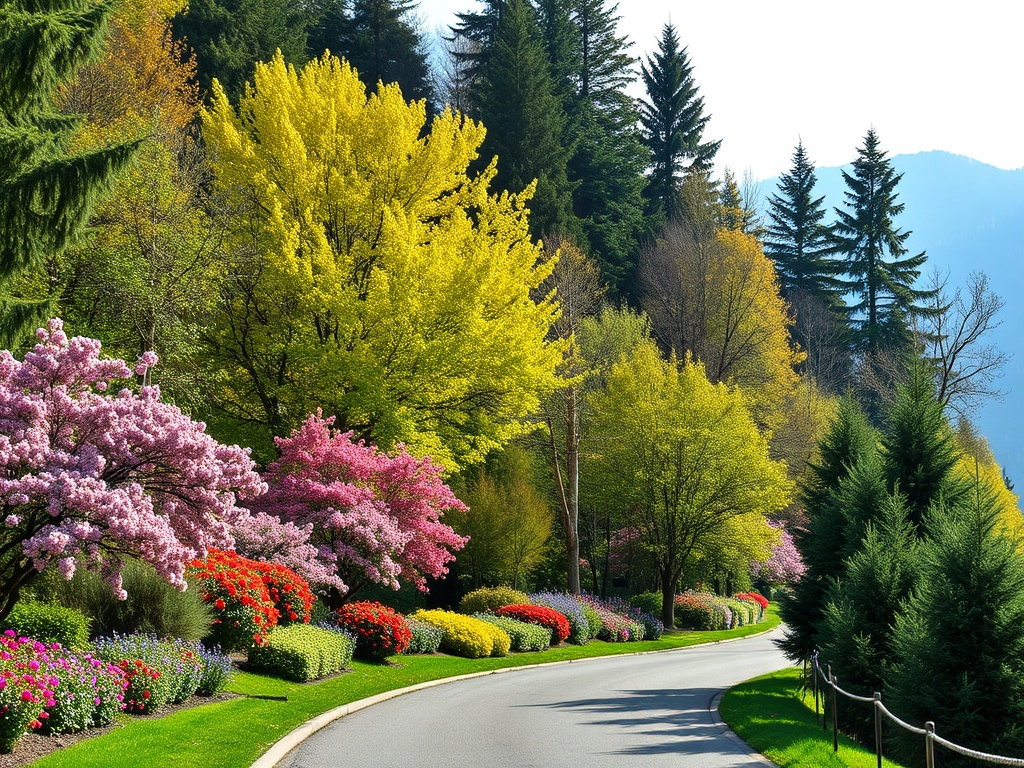 Уютная дорожка среди цветущих деревьев и ярких цветов в весеннем парке.