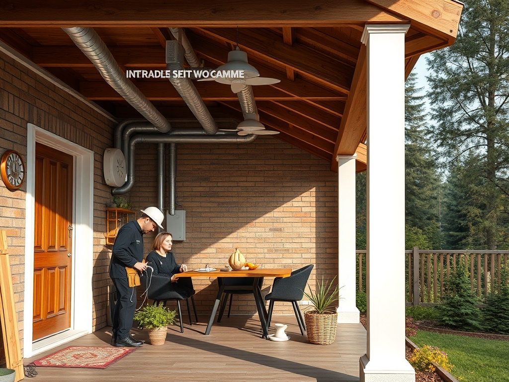 На веранде мужчина и женщина обсуждают что-то за столом, рядом растения и уличная мебель.