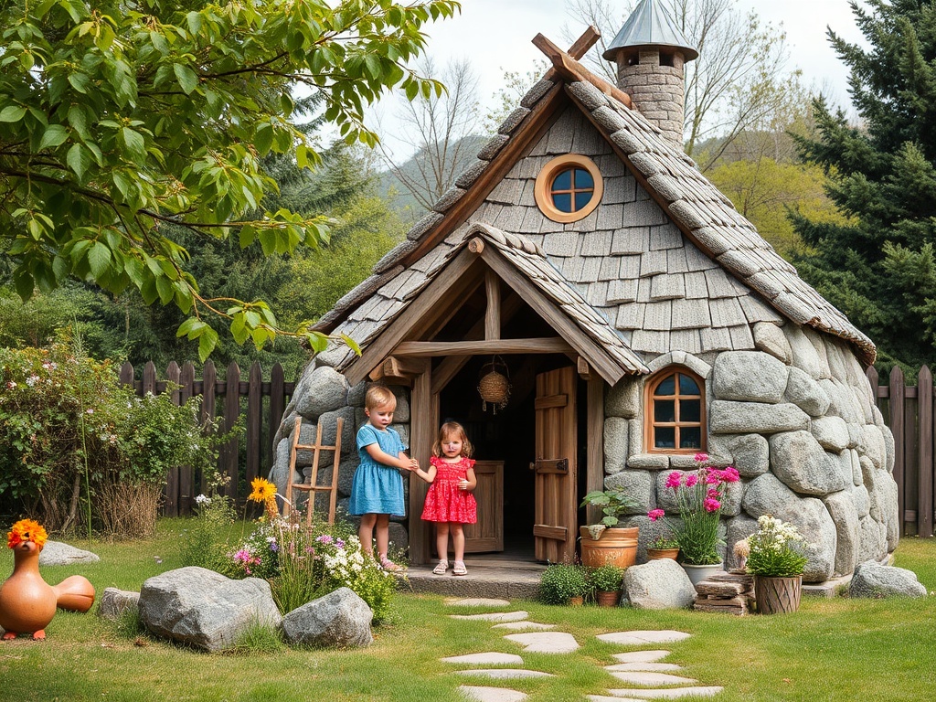 На картинке два ребенка рядом с уютным каменным домиком в саду, окруженном цветами и зеленью.