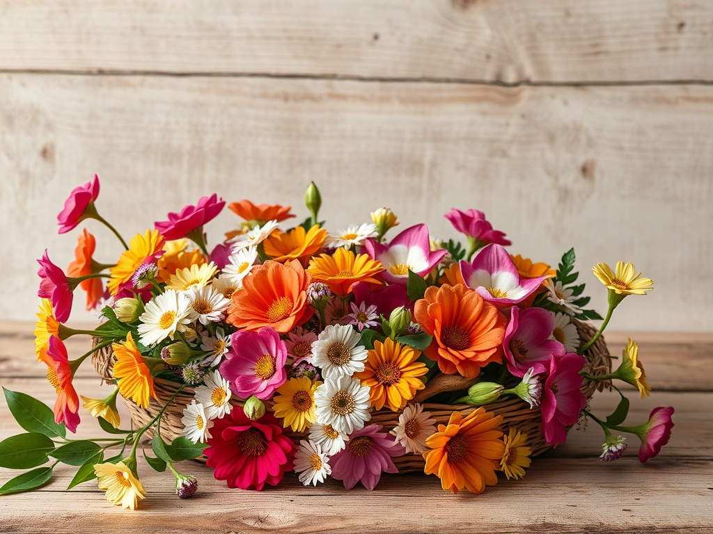 В этом изображении яркий букет цветов в корзине на деревянном фоне. Весенние цветы радуют глаз.