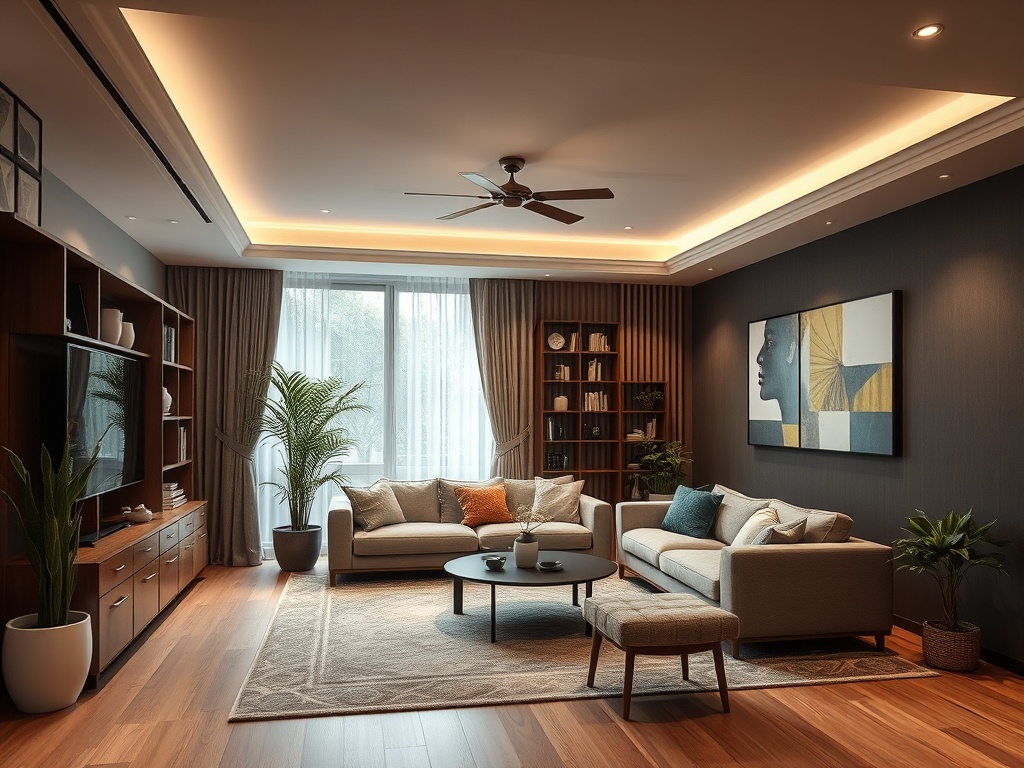 Современный интерьер гостиной с диванами, круглым столом и декоративными элементами. Яркое освещение и растения.