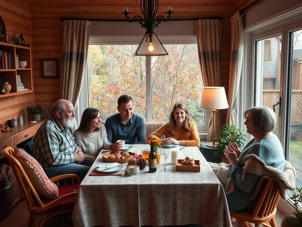 Семья собирается за столом в уютном деревянном доме, наслаждаясь общением и едой. Осень за окном.