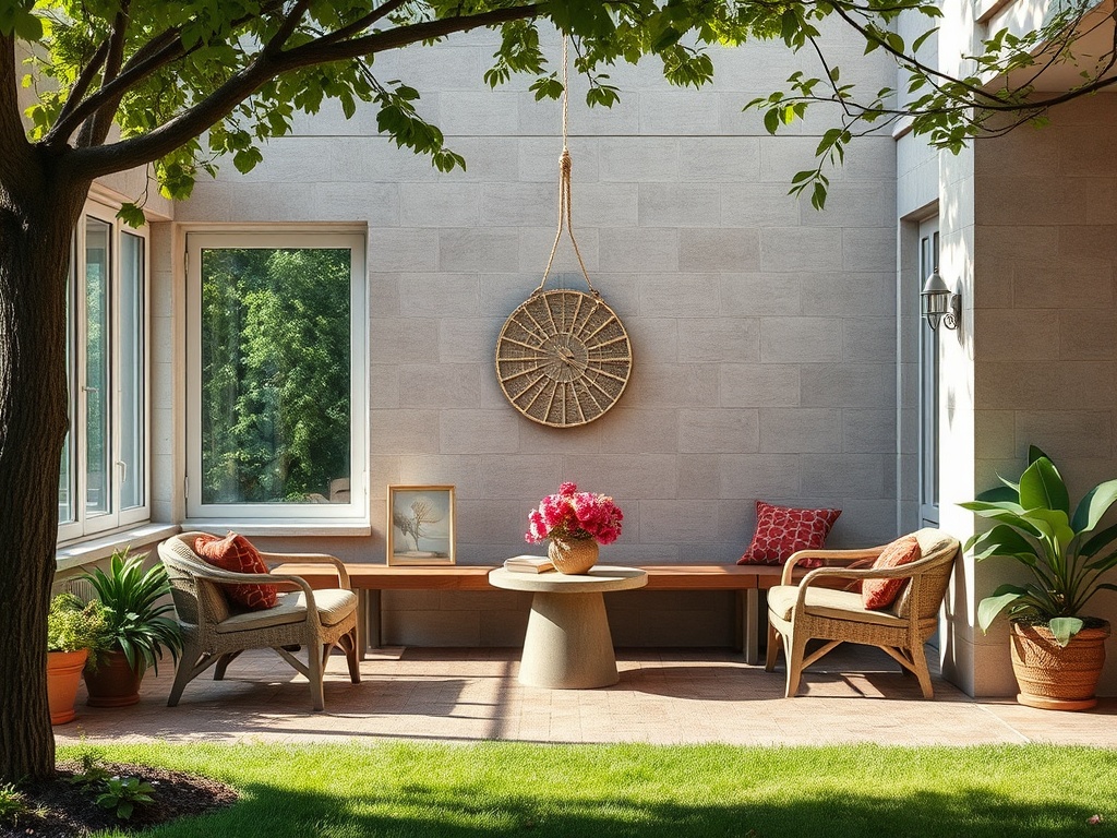 Уютный уголок на открытом воздухе с креслами, столом и зеленью, окружённый солнечным светом.