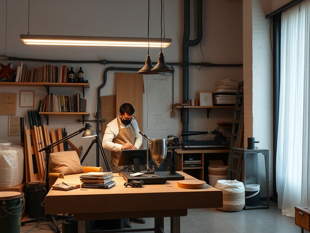 В мастерской человек работает за столом, окруженный книгами и инструментами для создания предметов.