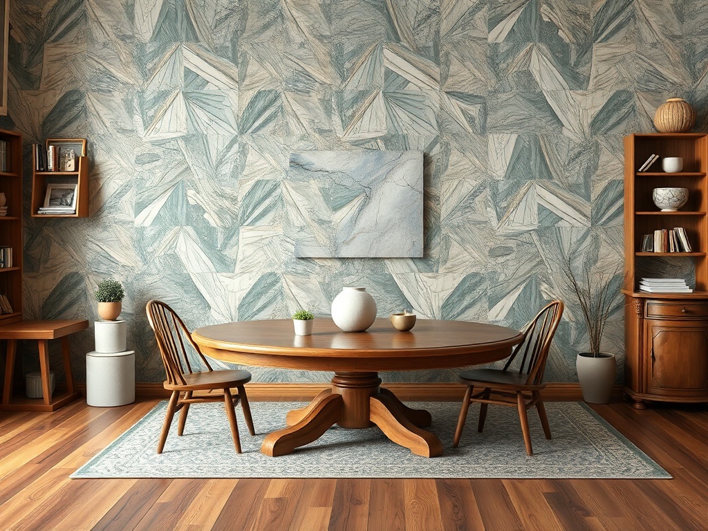 Современный интерьер: деревянный стол, стулья, стены с узором и уютные книги на полках.