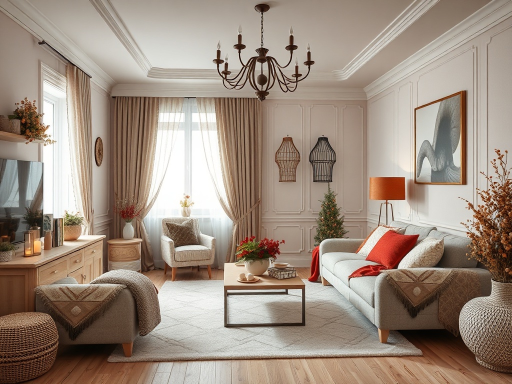 Уютная гостиная с светлой мебелью, декоративными элементами и мягкими текстилями. Благоприятная атмосфера.