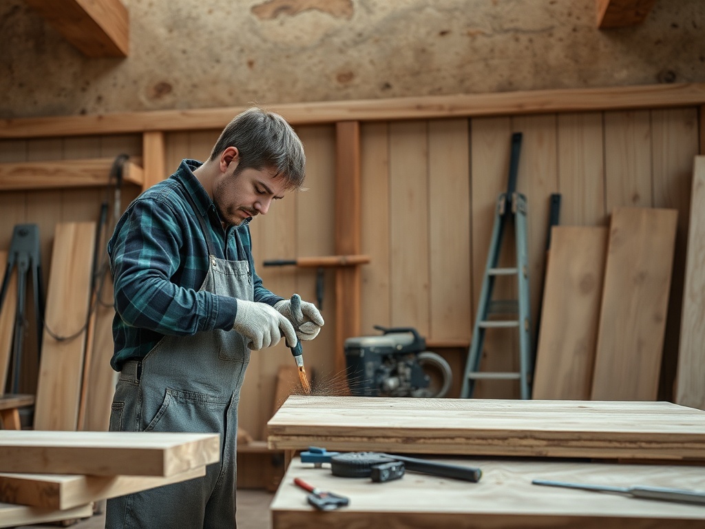 Мужчина в перчатках работает с деревом в мастерской, сосредоточенно вбивая гвозди в доску.