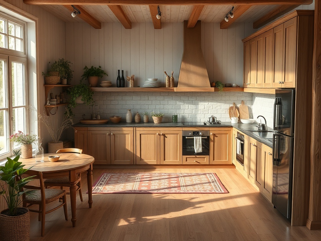Светлая кухня в уютном стиле, с деревянными шкафами, столом и растениями на столешнице.