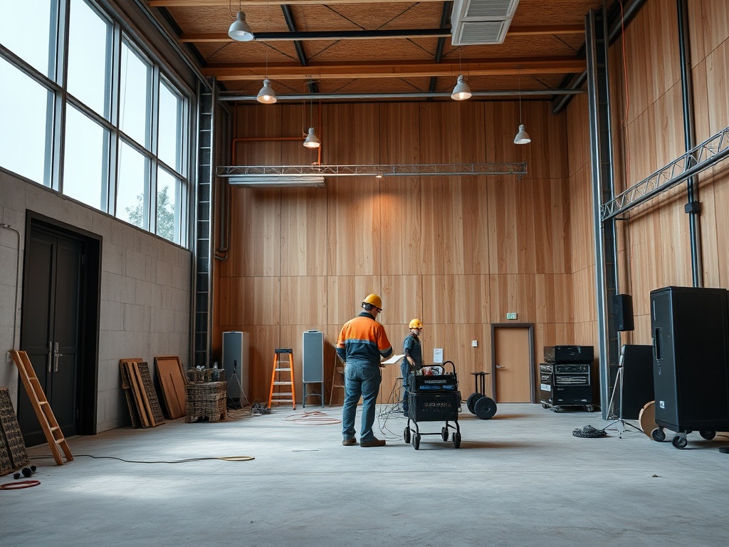 Два строителя в защитной одежде стоят в помещении с акустическим оборудованием и инструментами.