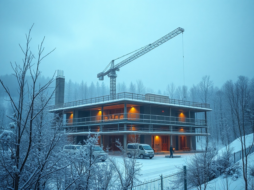 Строящийся дом в зимнем ландшафте с краном и снежными деревьями вокруг. Ночь, огни в здании горят.