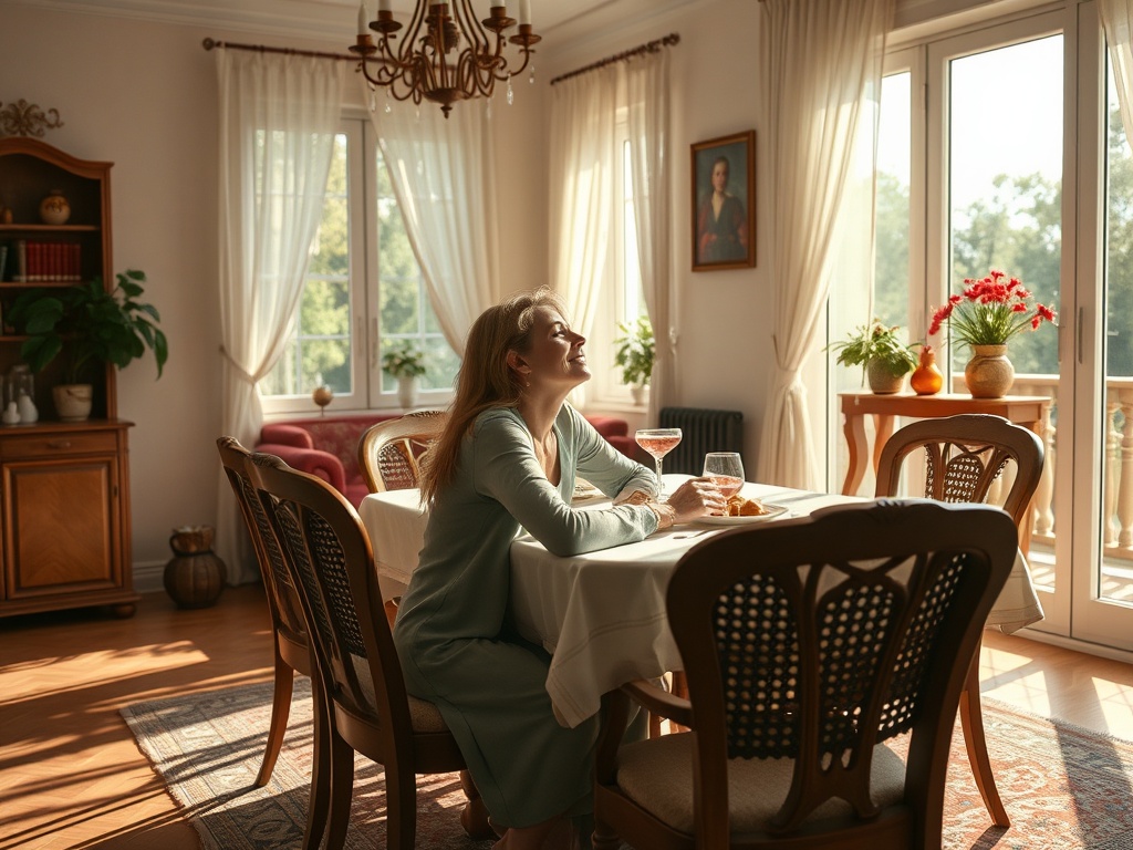 Женщина сидит за столом в светлом интерьере, наслаждаясь напитком и солнечным днем через окно.
