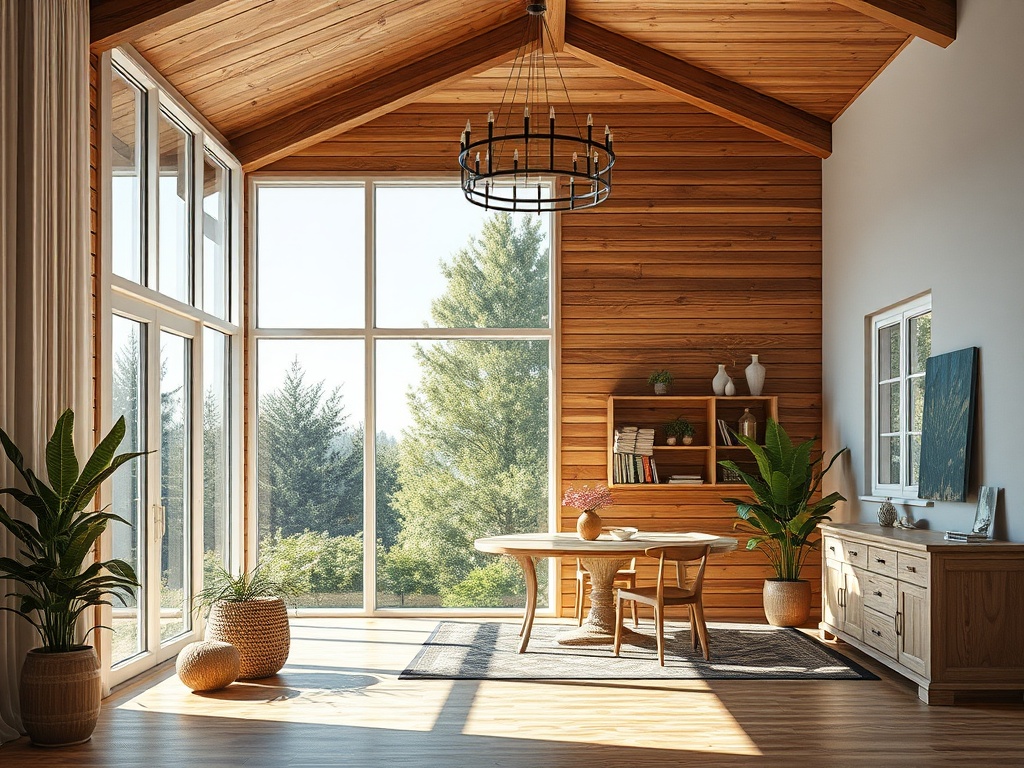 Светлая комната с деревянными стенами, большим окном, столом и зелеными растениями. Уютная обстановка.