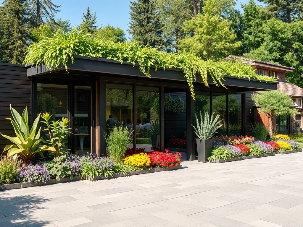 Современный дом с большим стеклянным окном, окруженный цветами и зеленью, на фоне леса.