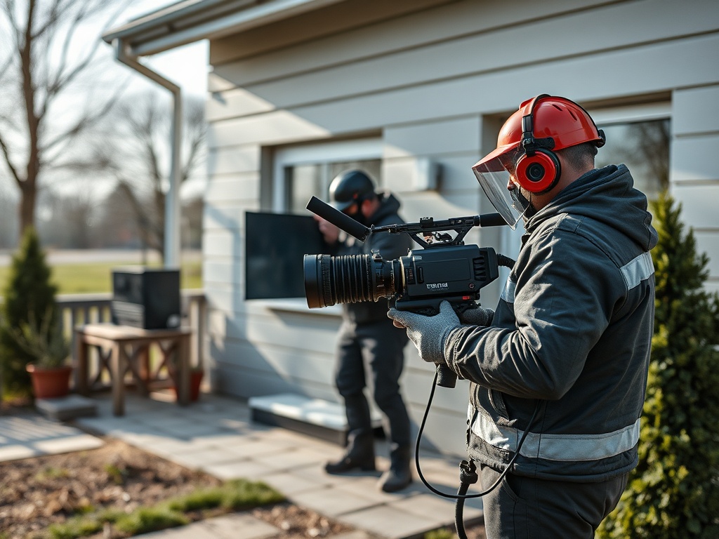 Рабочий с видеокамерой в защитной каске и наушниках, снимает на улице рядом с домом.