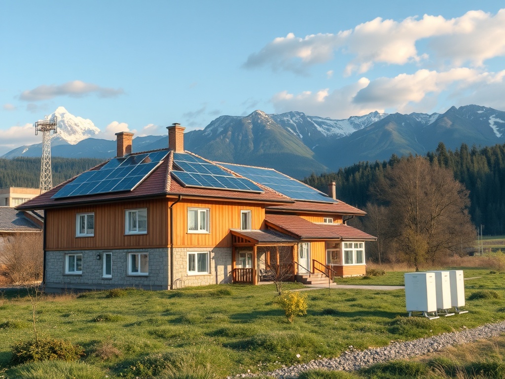 Современный дом с солнечными панелями на фоне гор и голубого неба. Зелёная территория вокруг.
