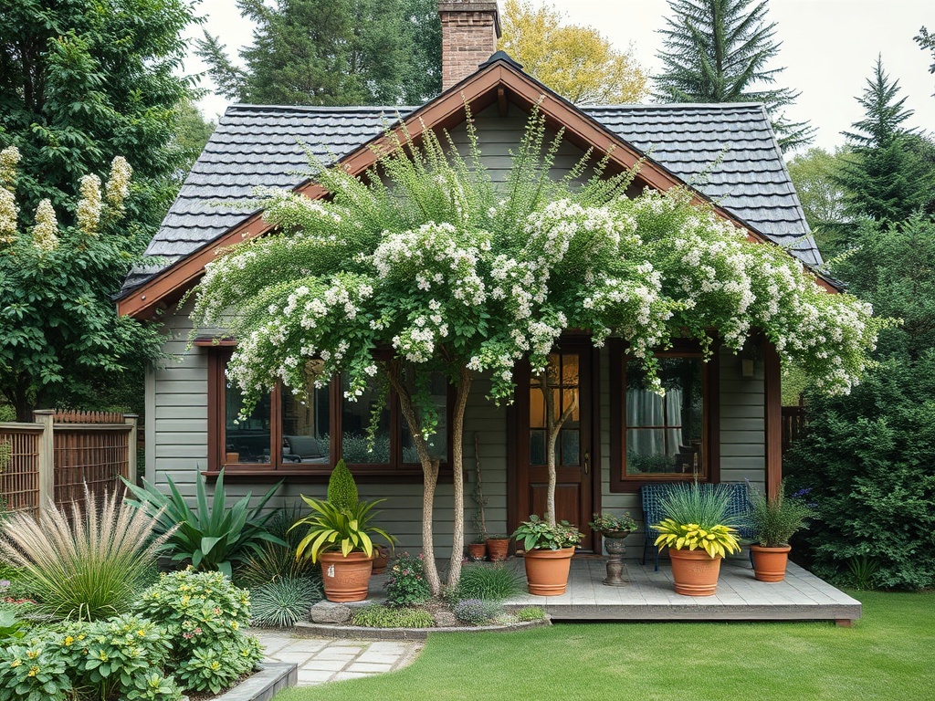 Уютный дом с зелеными растениями и цветами на крыльце, окруженный деревьями и кустарниками.