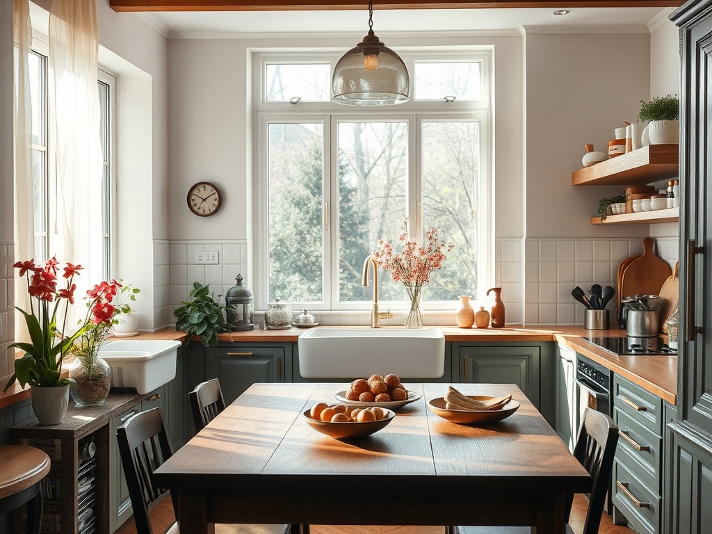 Светлая кухня с деревянным столом, цветами и фруктами на столе, уютная атмосфера и вид из окна.
