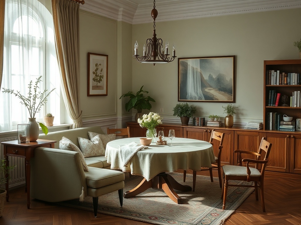 Светлая уютная гостиная с обеденным столом, стульями и книжными полками, украшенная растениями.