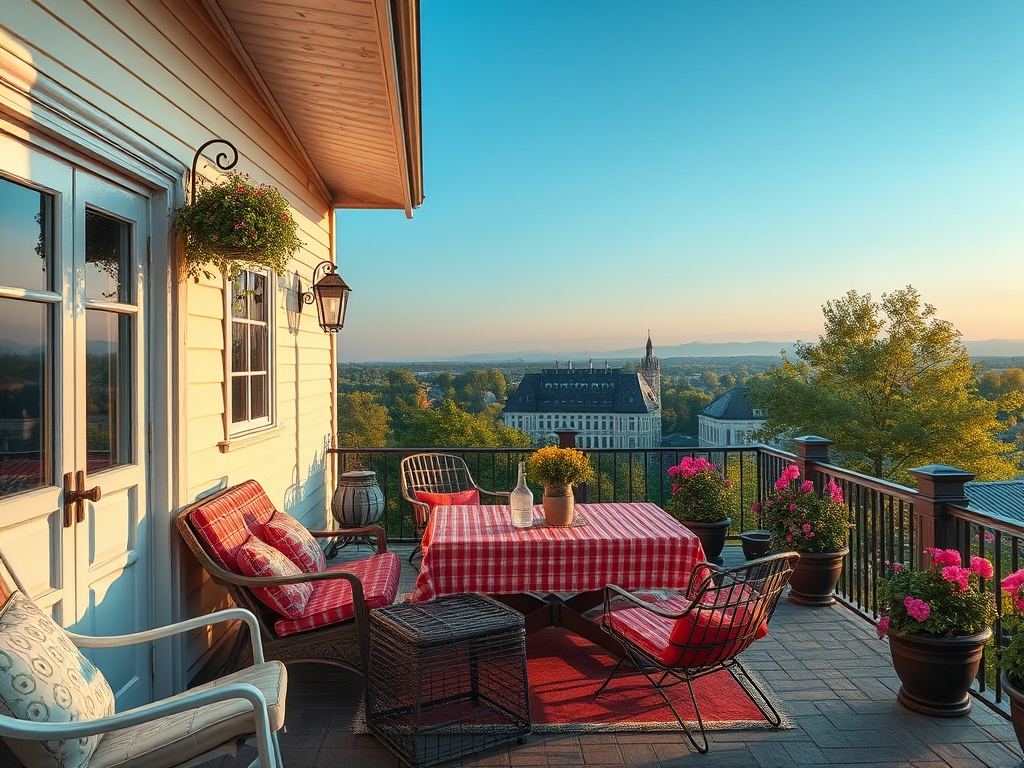 Терраса с уютной мебелью, столом и растениями, с красивым видом на горы и природу на закате.