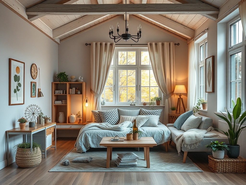 Современная гостиная с высокими потолками, яркими окнами и уютной мебелью в светлых тонах.